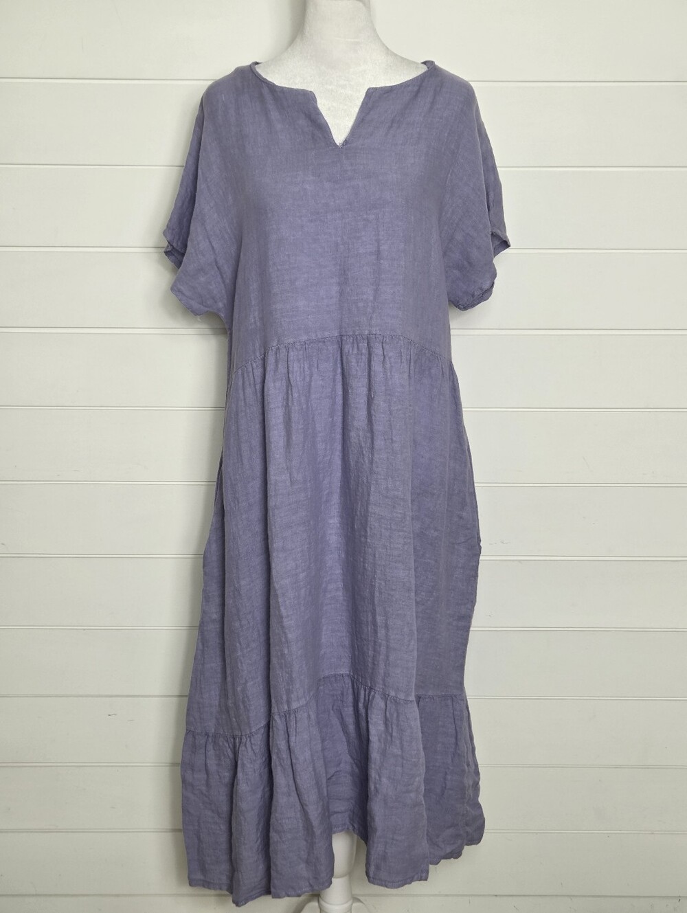 Francesca Bettini Linen Relaxed Lavender Tiered Midi Dress size L NEW